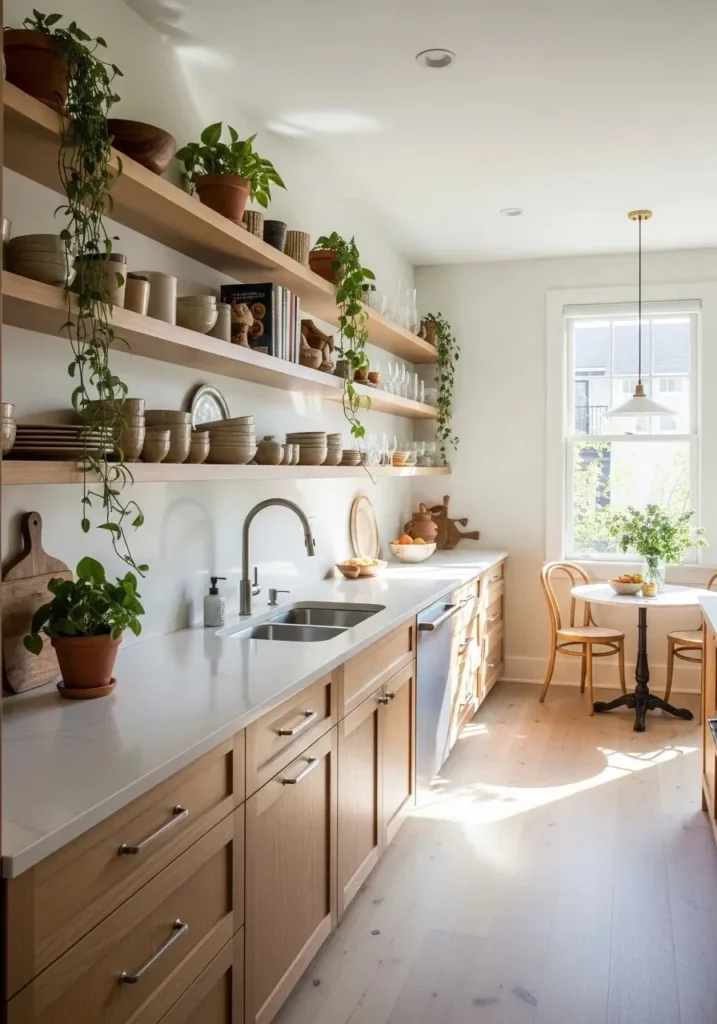 open shelving with wood cabinets airy kitchen design ideas