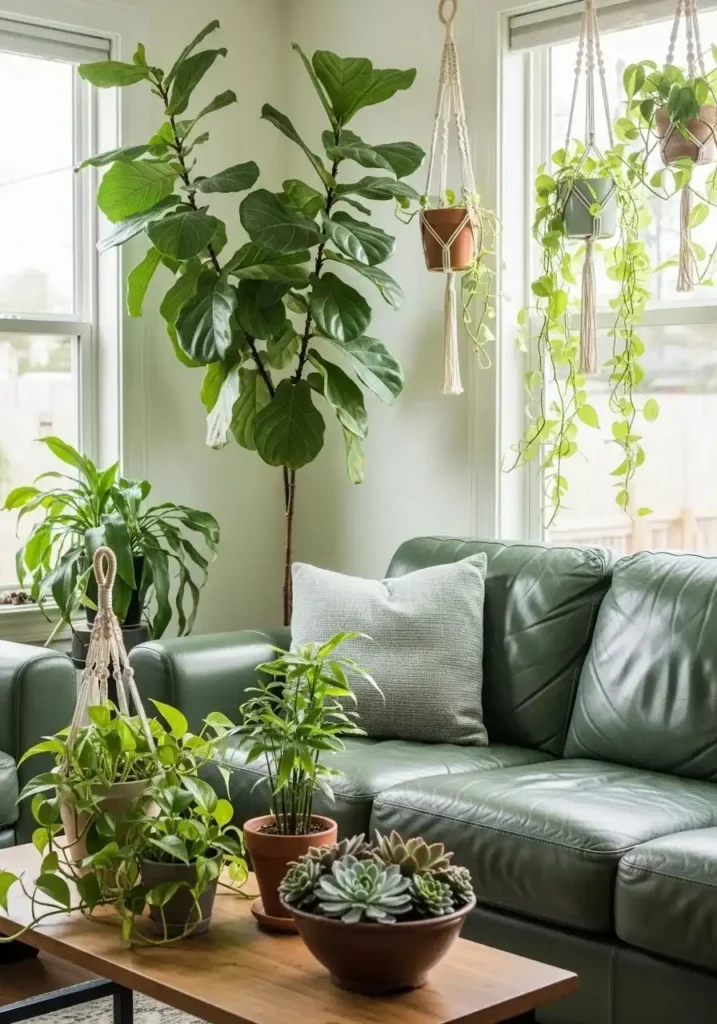 green leather couch with indoor plants fresh natural living room