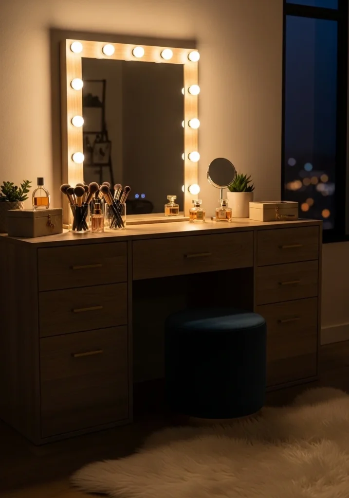 Dressing table with warm lighting creating a cozy and inviting glow
