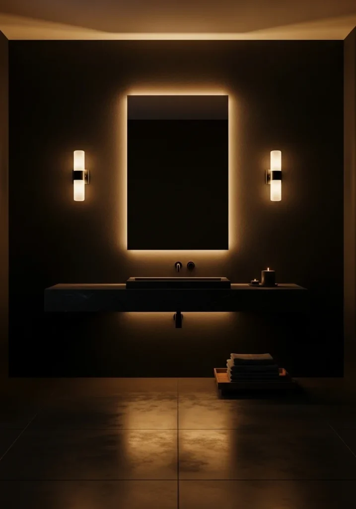 Black bathroom with warm lighting and cozy atmosphere