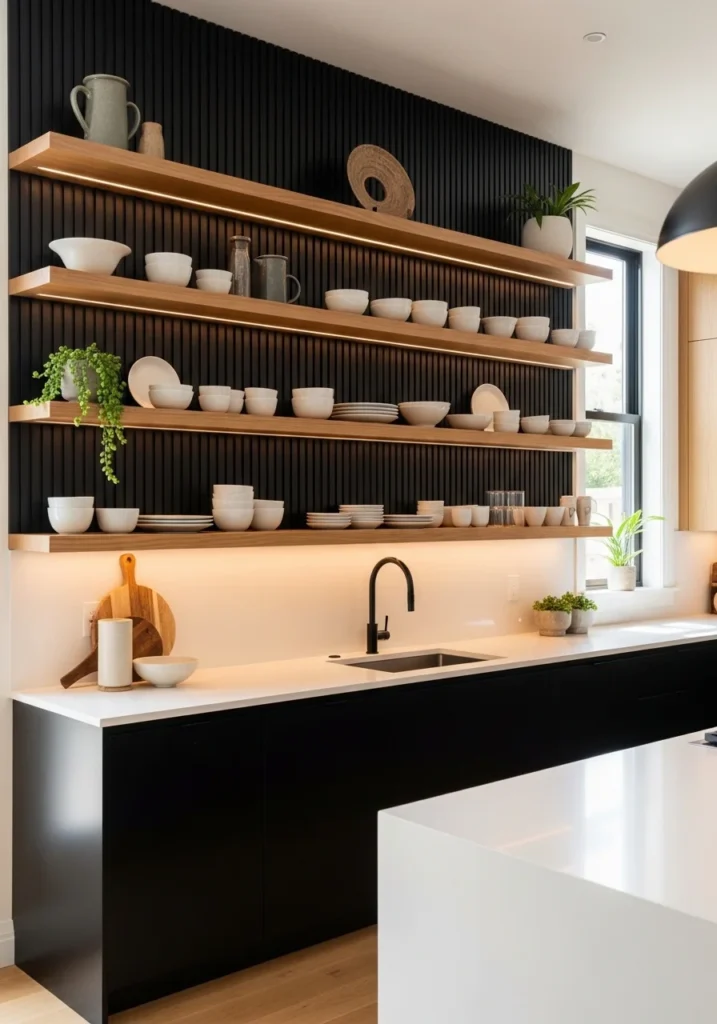 open shelves black wall wood slats kitchen decor