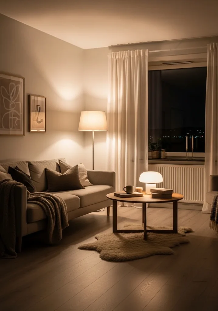 Layered lighting in Scandinavian cozy living room