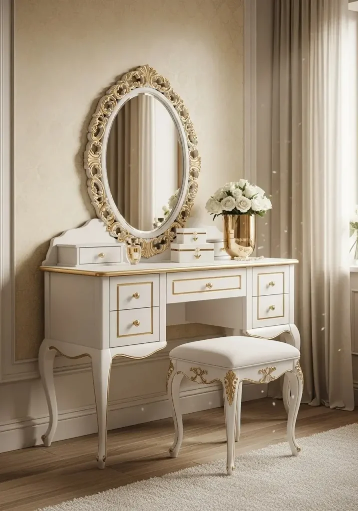 Glam dressing table with gold accents for a luxurious look