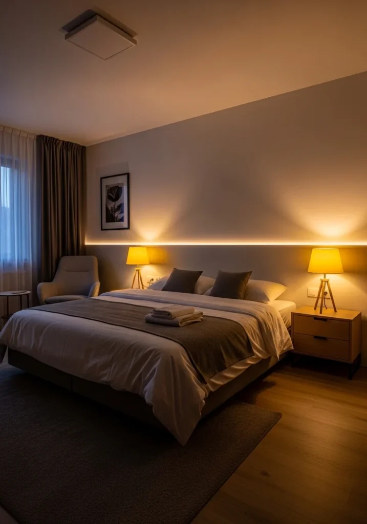 Soft yellow lighting creating a warm and relaxing bedroom ambiance.