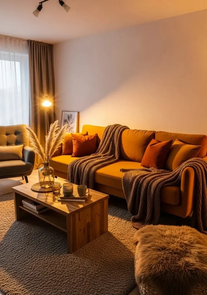 Mustard yellow couch living room with earthy cushions and warm cozy textured decor styling