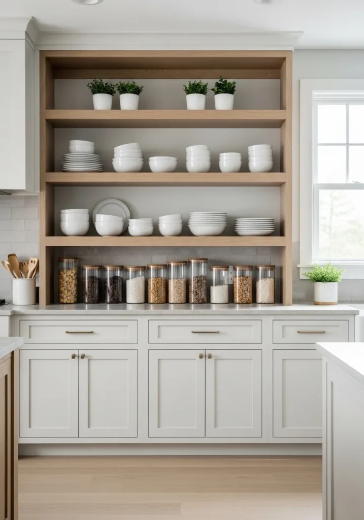 Open shelving design in a white oak kitchen with minimal styling