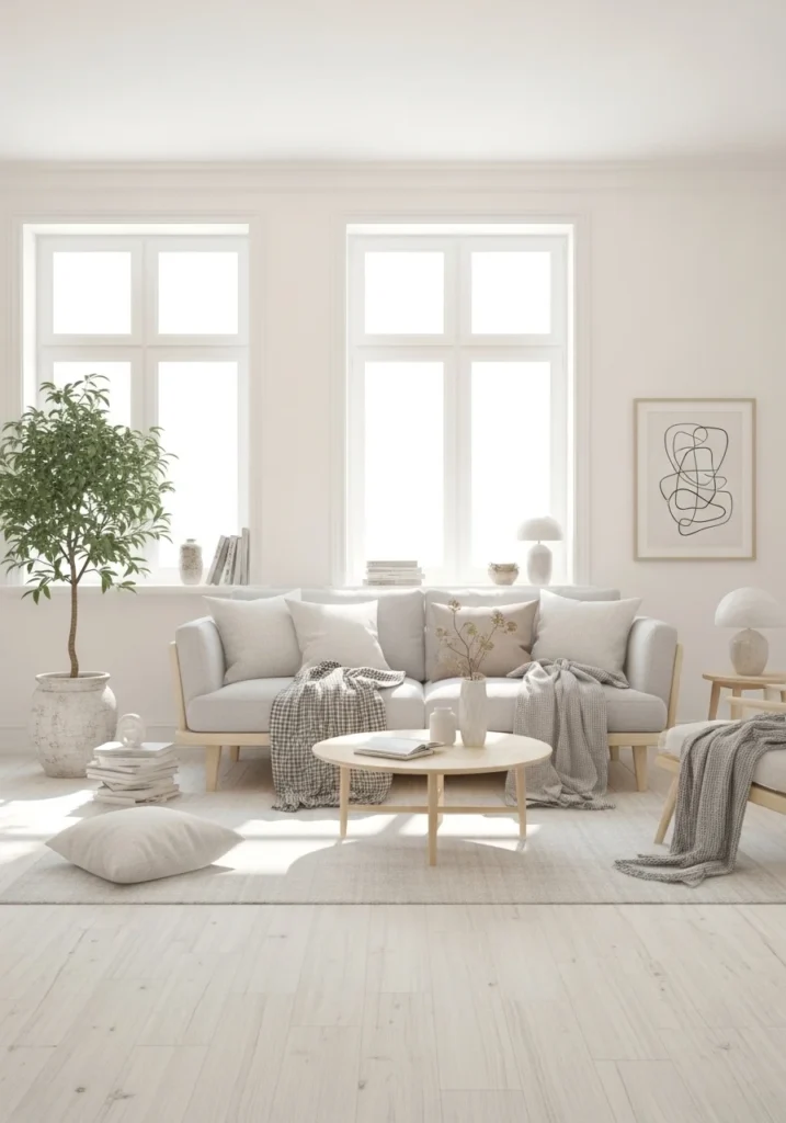 Bright white living room with minimal décor and natural light creating an airy feel.
