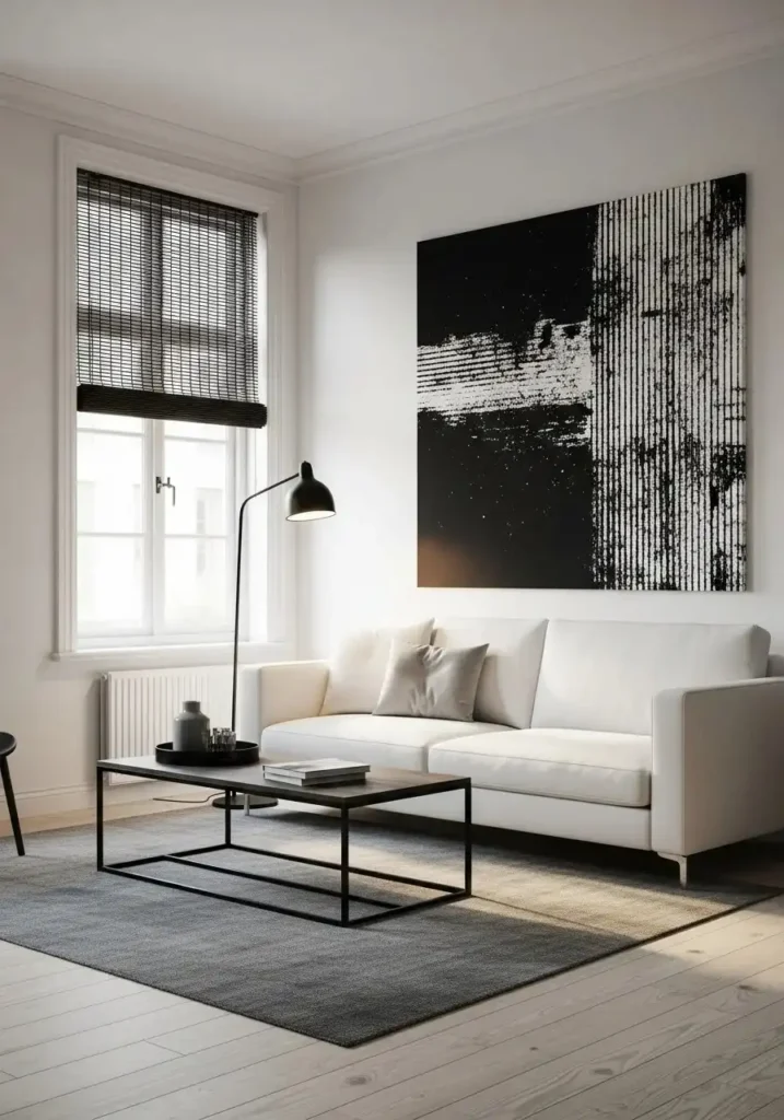 White couch living room with black metal accents and modern minimalist contrast design