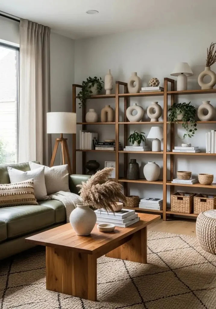 green leather couch with warm wood accents and natural cozy decor