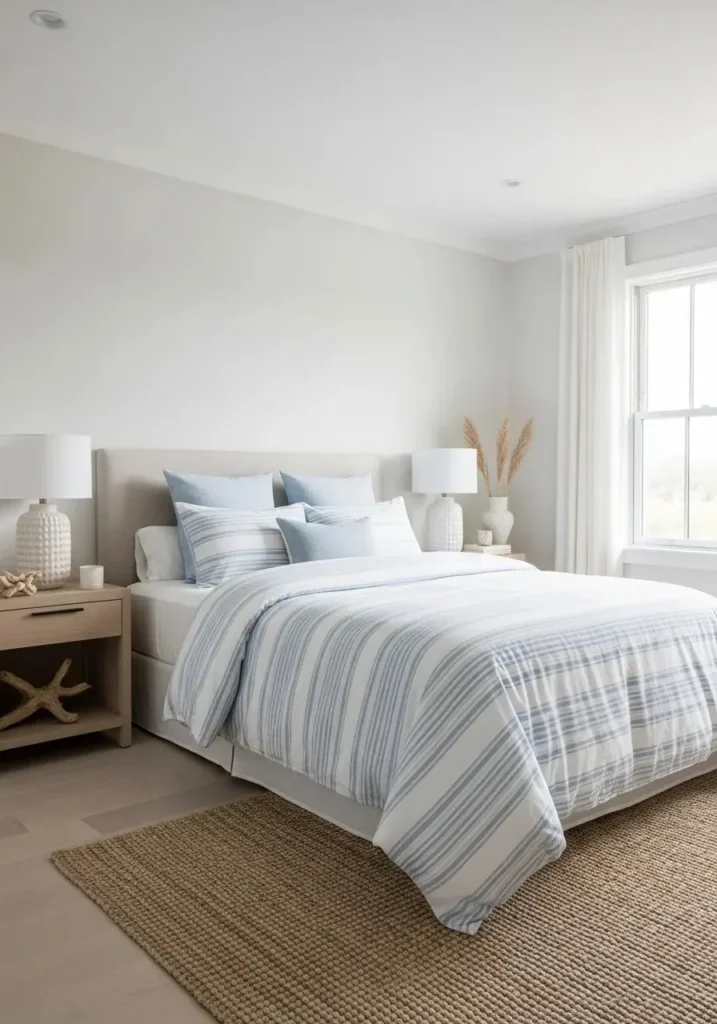 Beach bedroom with subtle nautical stripes adding soft visual interest.