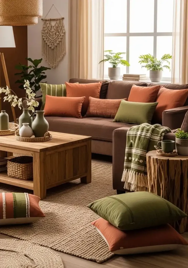 earthy brown couch living room with terracotta and green tones
