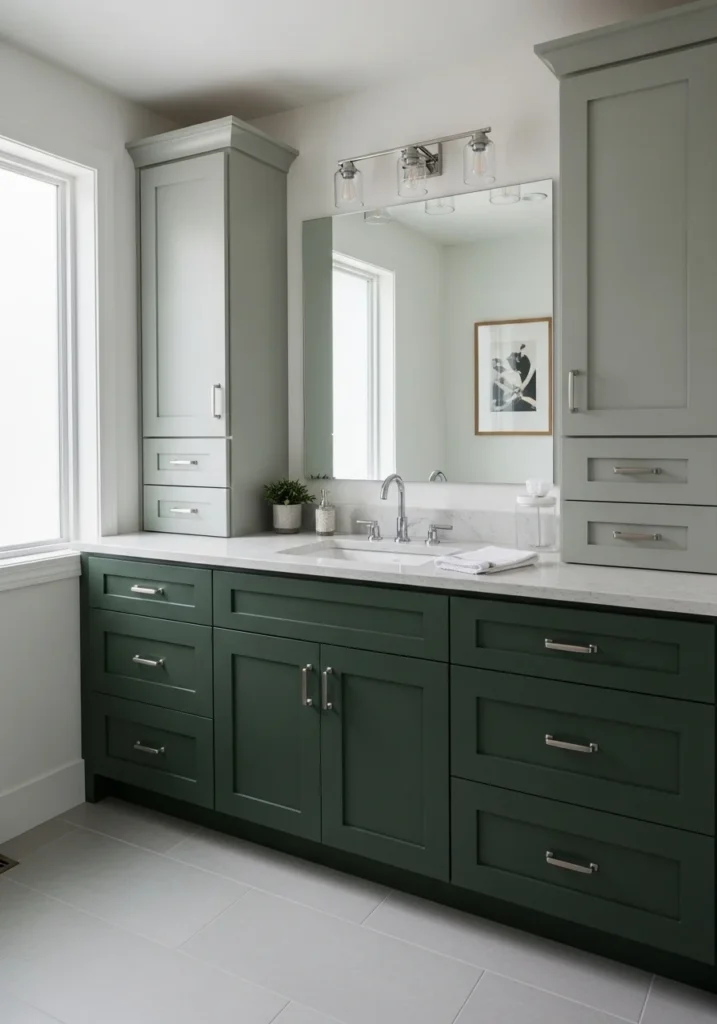 Bathroom showing layered two-tone green cabinets creating depth and a modern aesthetic.