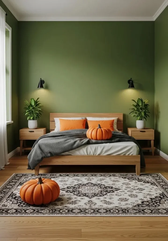 Olive green bedroom with pumpkin-colored accents, cozy rug, and natural wooden furniture with greenery.
