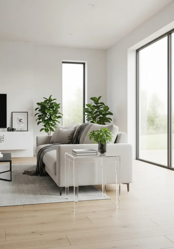 Acrylic side table creating a barely-there look in living room.