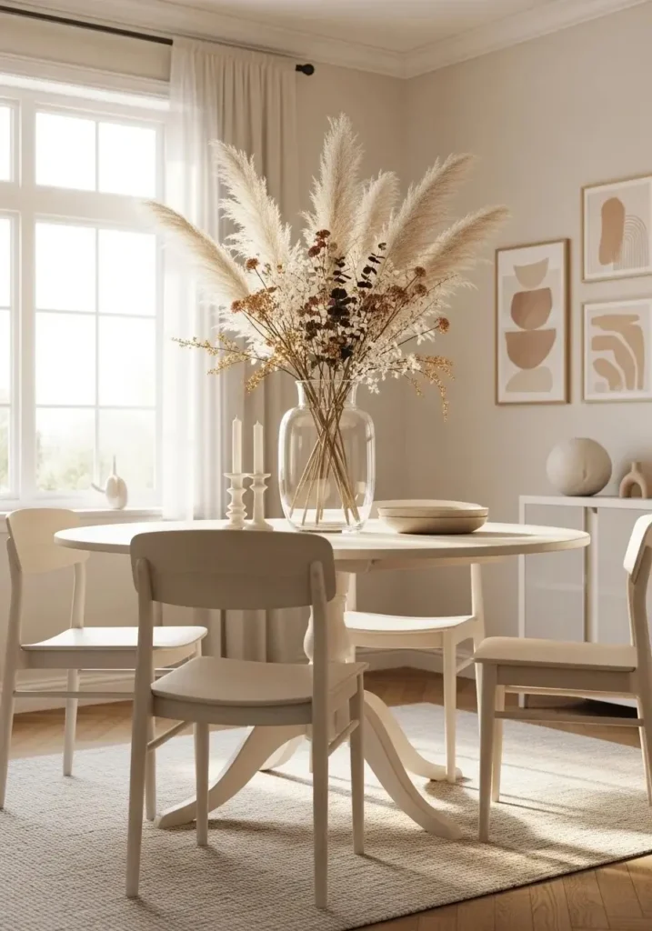 Round dining table with dried flower vase adding long-lasting natural beauty