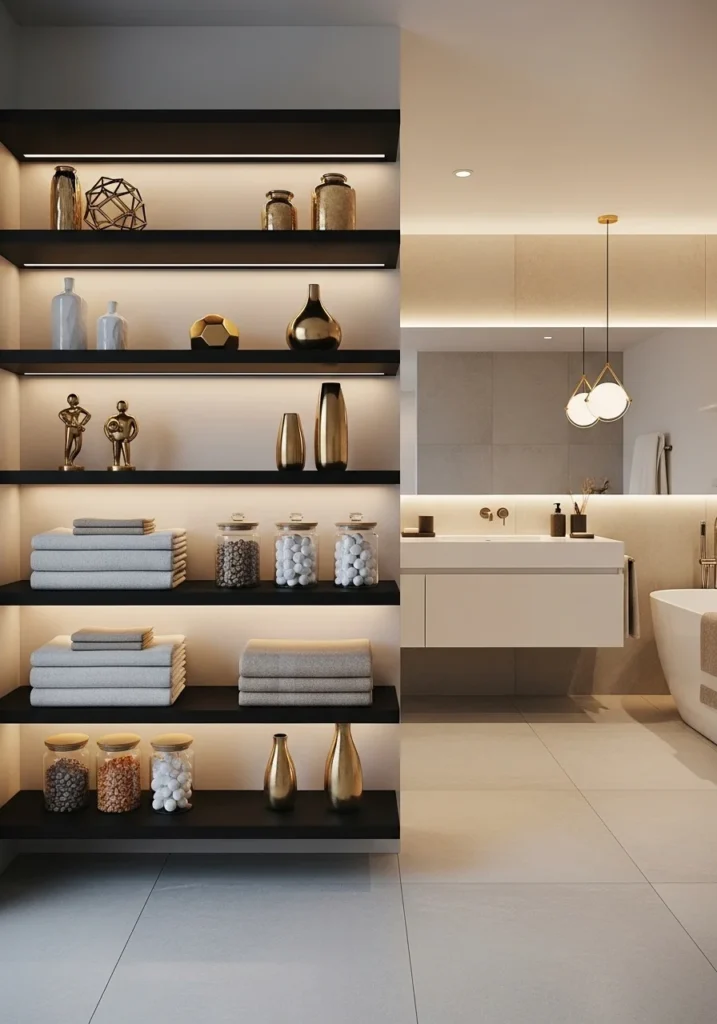Black shelves styled with gold accents bathroom decor
