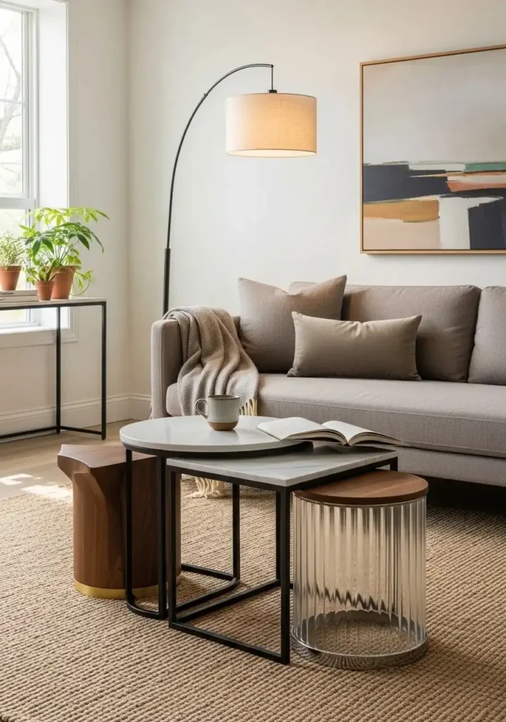 Nesting side tables offering flexible styling in living room.