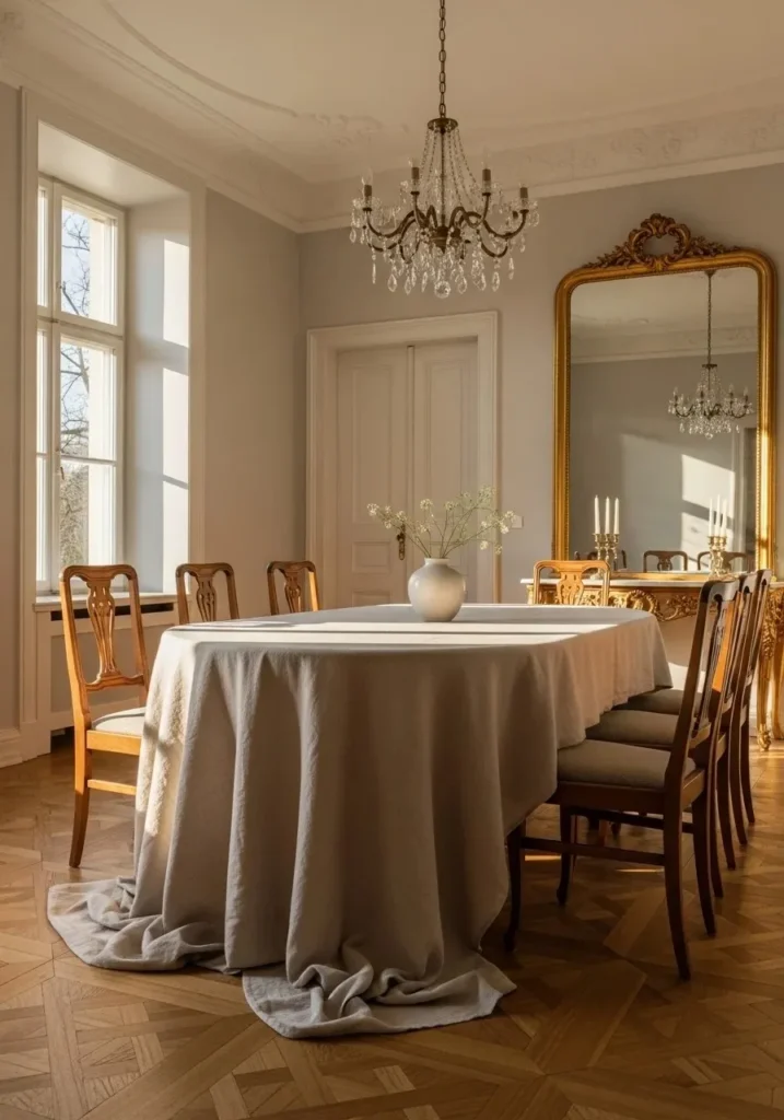 Round dining table with linen tablecloth adding soft effortless elegance