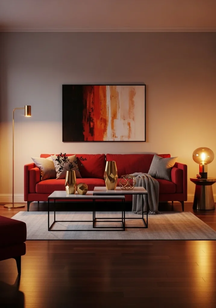 Gold accents enhancing a red couch in a stylish living room