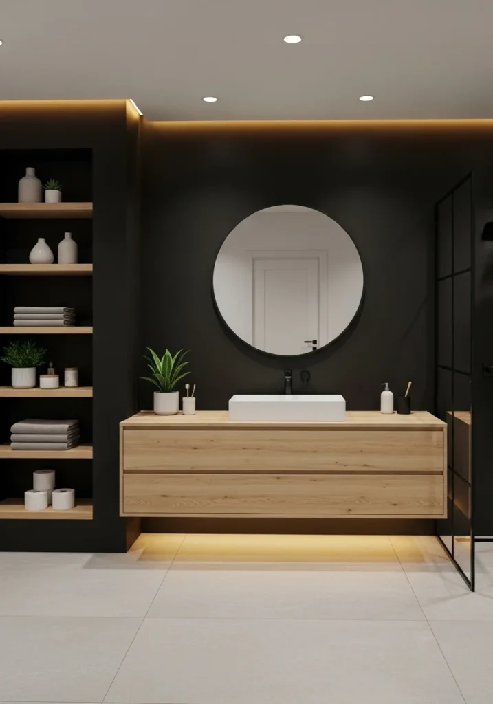 Black and wood bathroom with warm natural tones