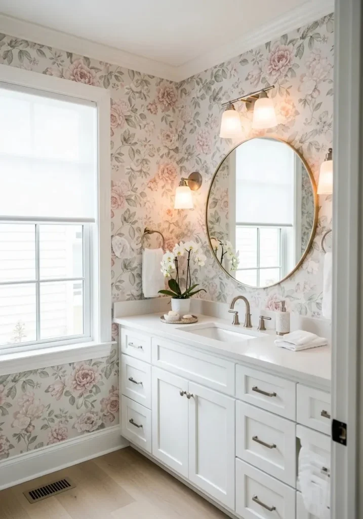 soft floral bathroom wallpaper in blush and sage tones creating a calm romantic bathroom design