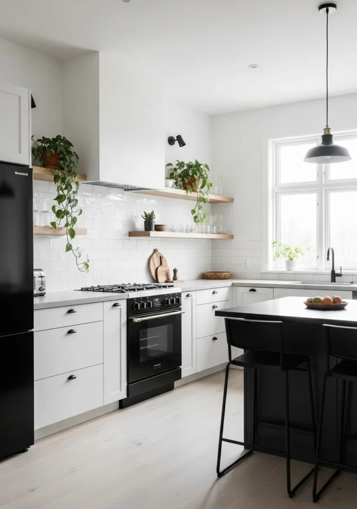 black appliances kitchen with open shelving airy design
