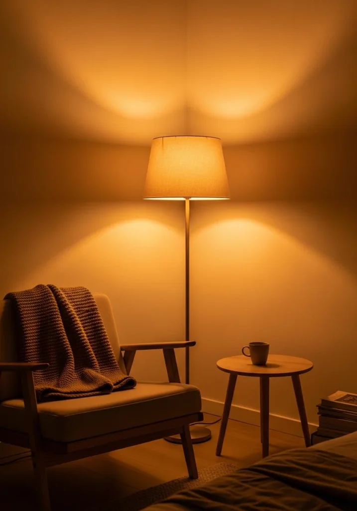 Bedroom corner with warm floor lamp creating a cozy and inviting lighting atmosphere.