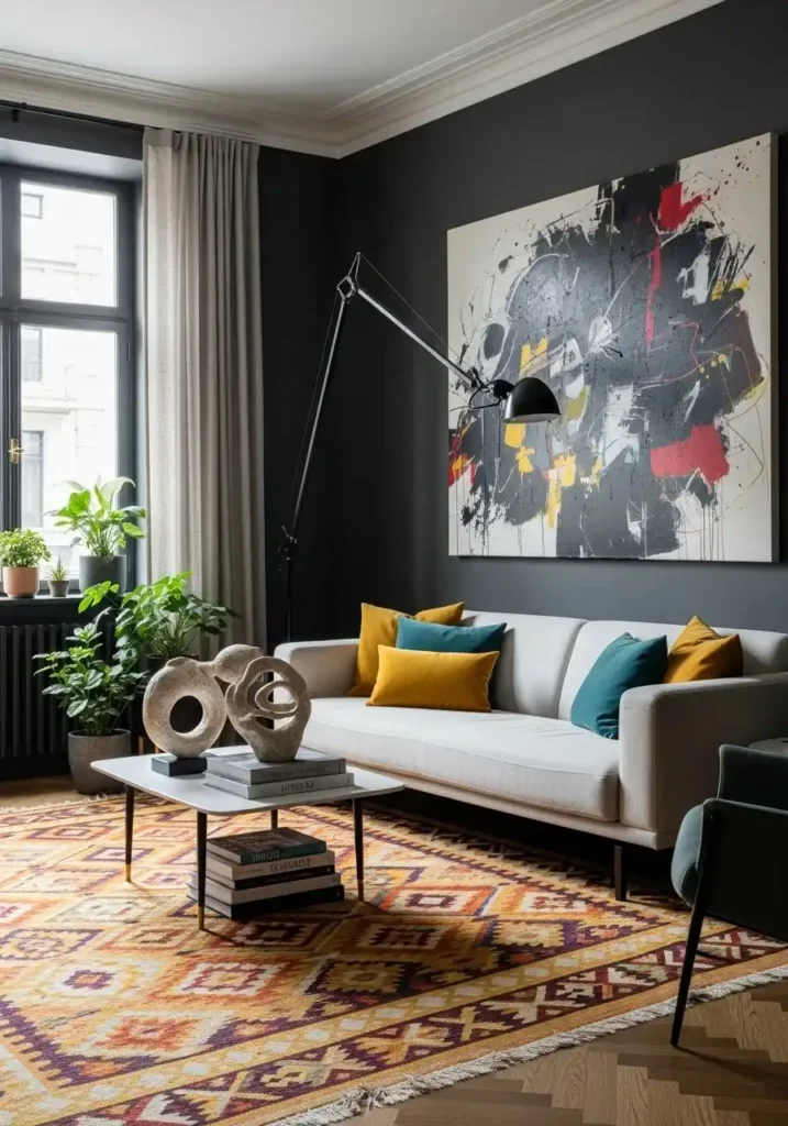 Living room with charcoal gray walls and light furniture creating bold contrast.