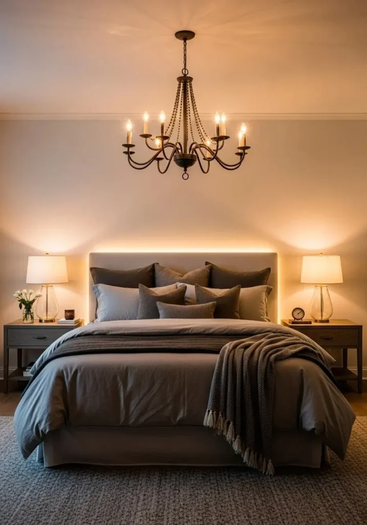 Chandelier placed above bed creating a stylish focal point
