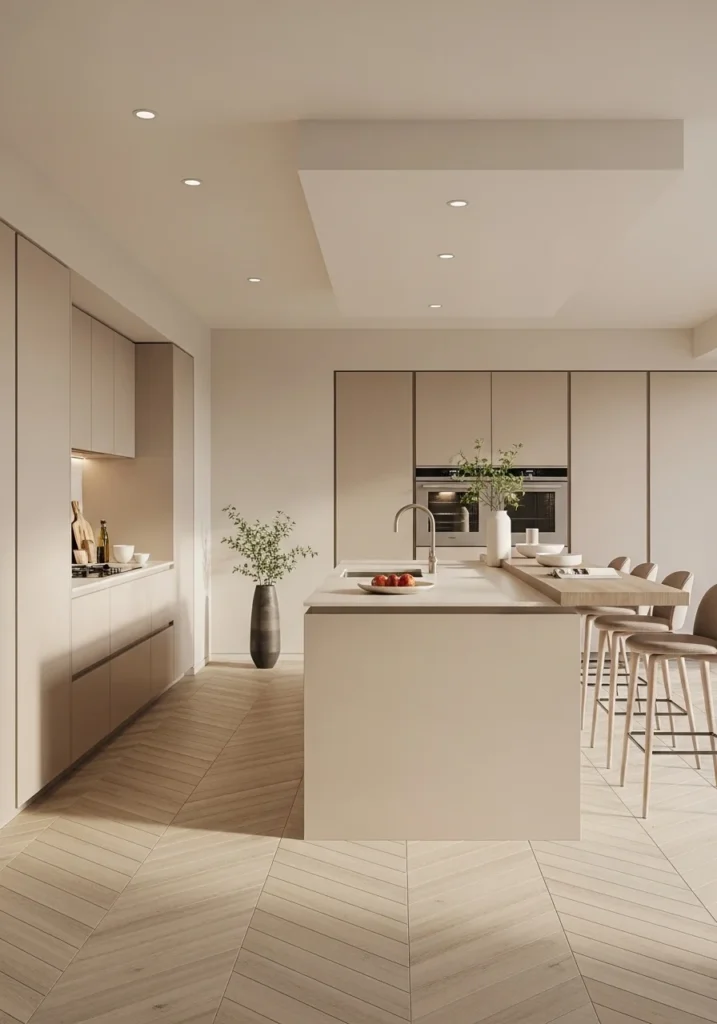 Kitchen with herringbone tile floor pattern creating subtle movement and elegance