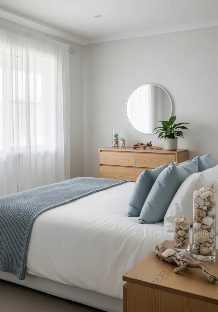 Bedroom with light blue accents adding a soft coastal and relaxing feel.