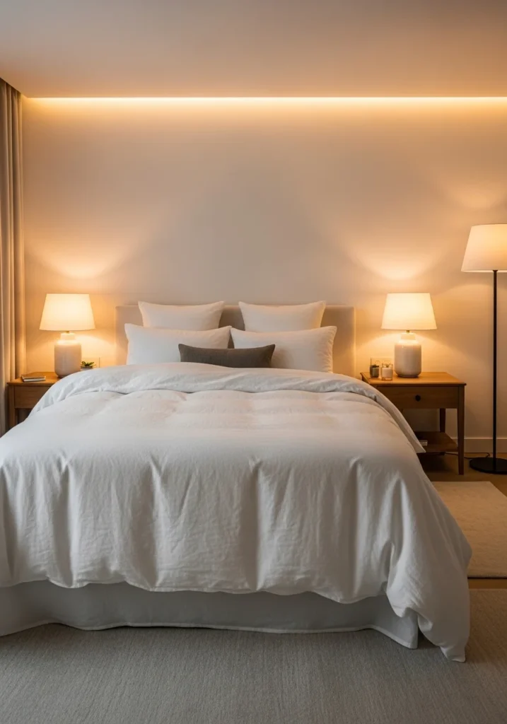 white furniture bedroom soft lighting cozy bedroom ideas warm glow