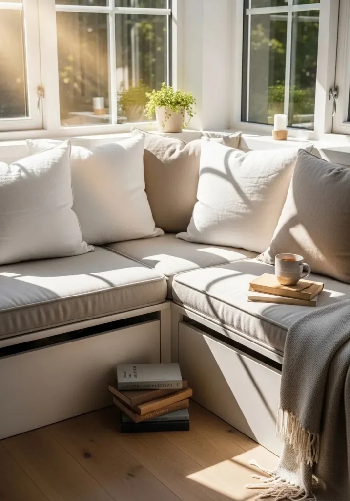 Bedroom corner window bench with soft cushions and natural light for a cozy seating area.