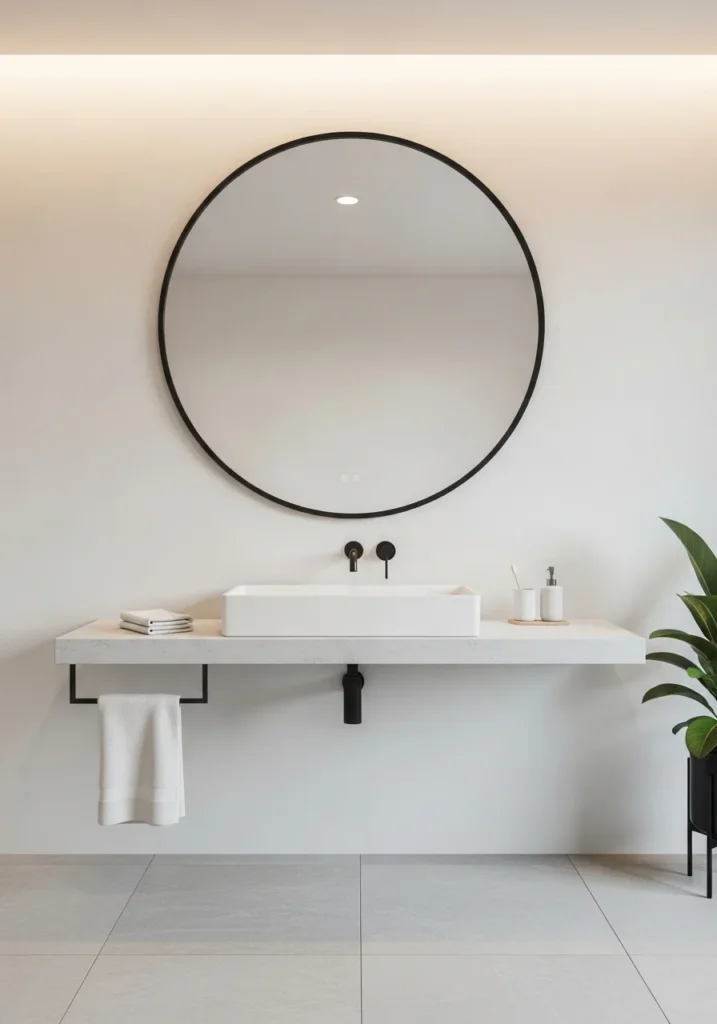 White bathroom with black framed mirror as a stylish focal point.