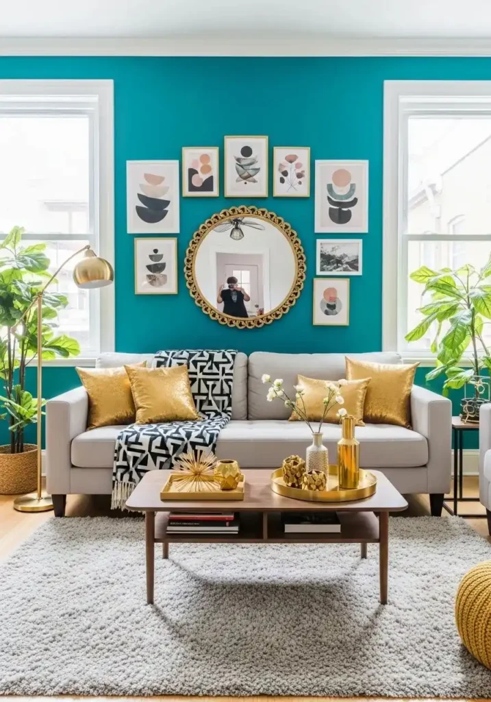 Living room with teal walls and gold accents for a bold and stylish look.