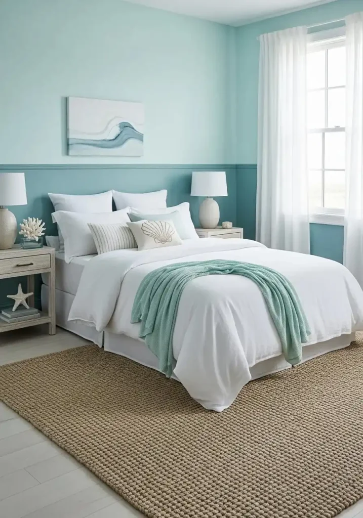 Beach bedroom with layered ocean-inspired blue tones for a relaxing vibe.
