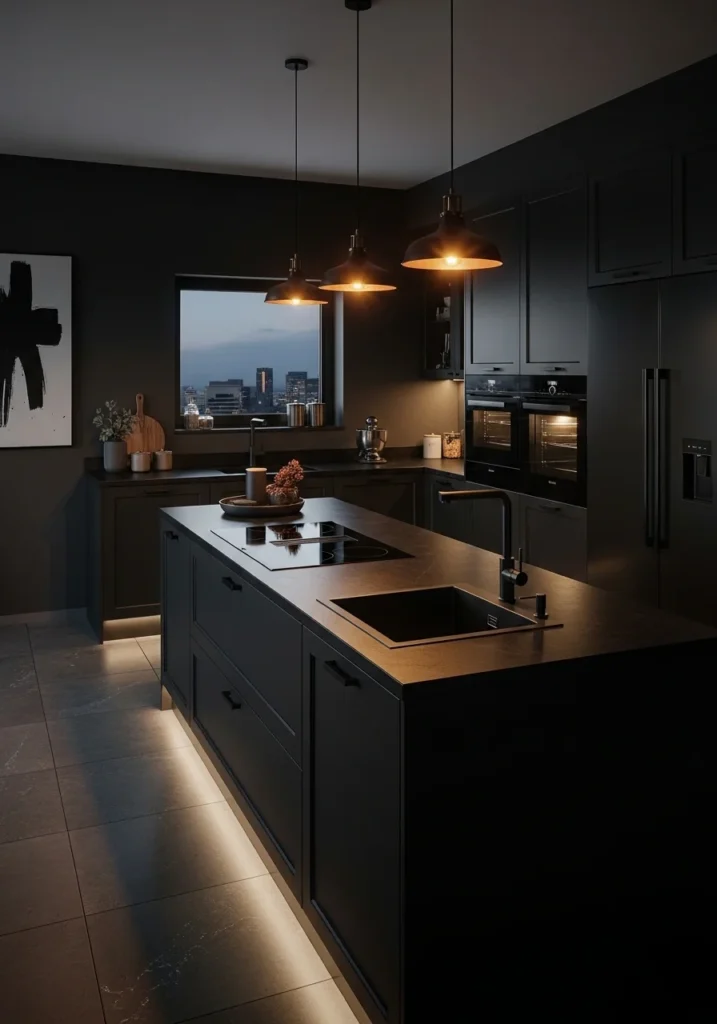 moody all black kitchen with black appliances modern design