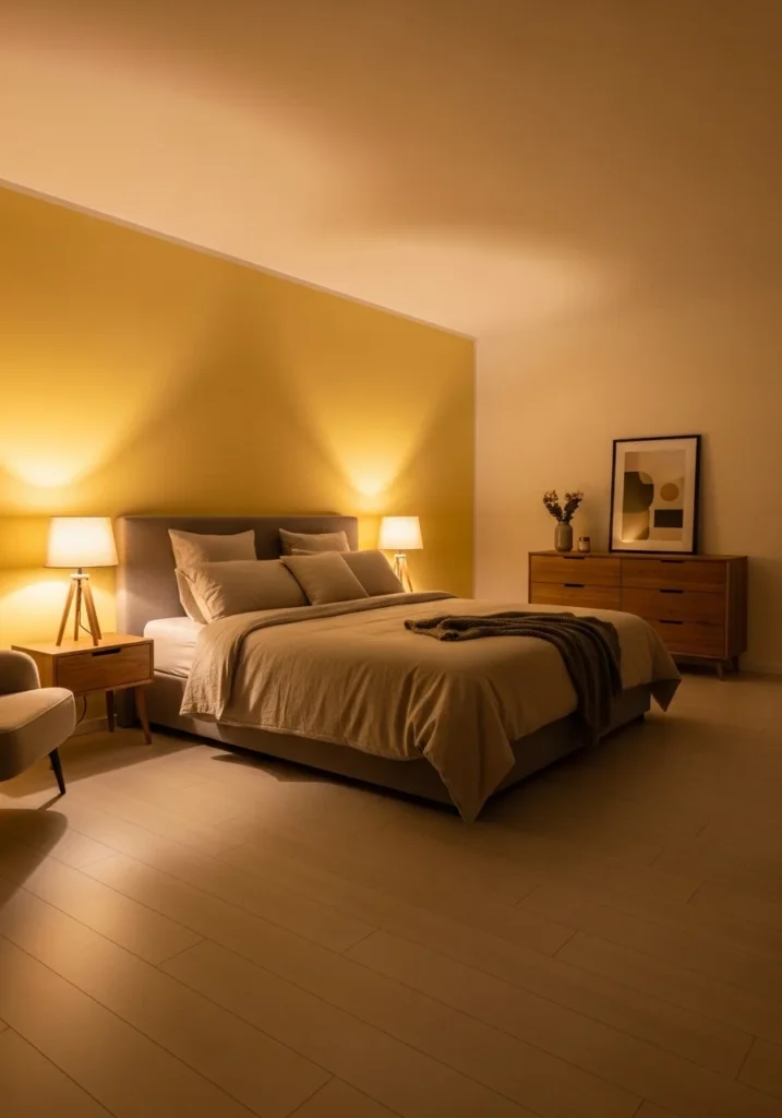 Warm lighting bedroom with yellow accents creating a cozy and relaxing evening glow.