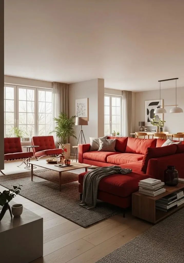 Open layout showcasing a red couch in relaxed living room design