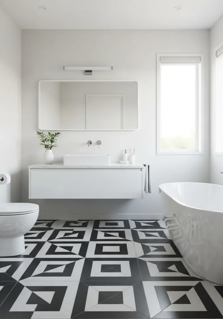 black and white geometric bathroom floor creating bold statement design
