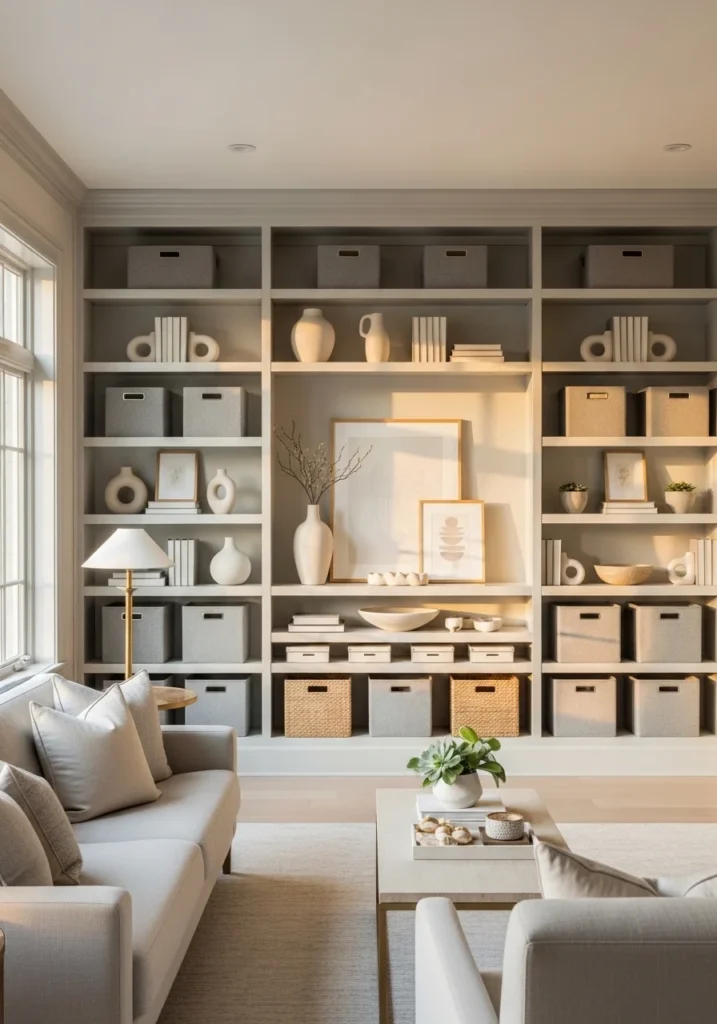 Built-in shelving with bins for organized toy storage in living room.