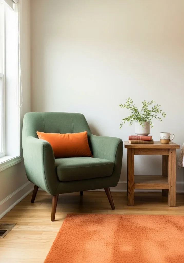 Green accent chair paired with orange pillow and rug, creating a warm and stylish bedroom corner.