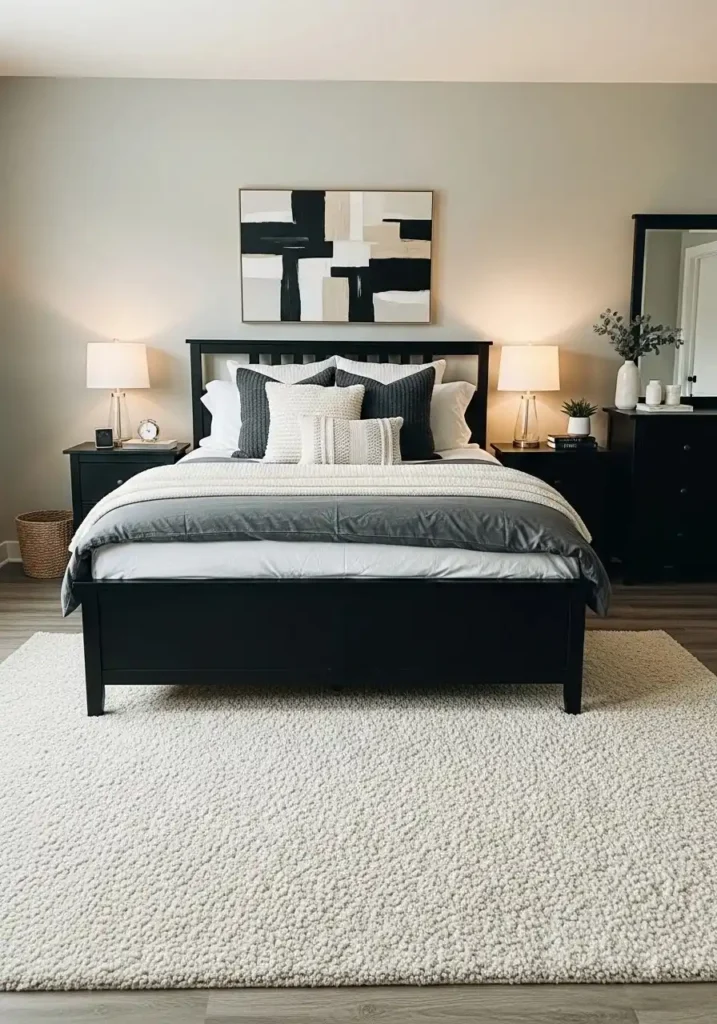 black furniture with light rug cozy bedroom design ideas