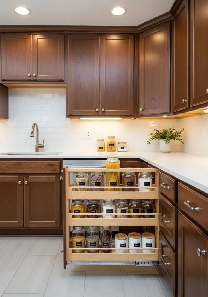 Slim pull-out pantry in a galley kitchen, neatly storing spices and pantry staples.