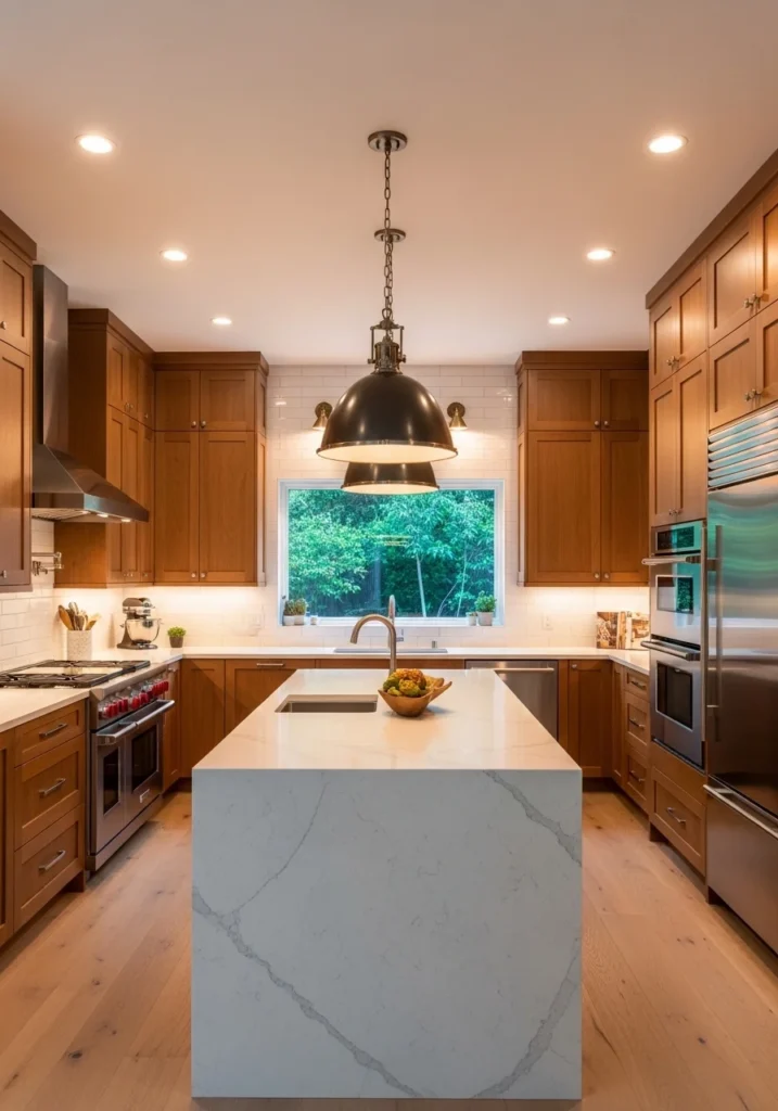 wood cabinets with statement lighting modern kitchen ideas