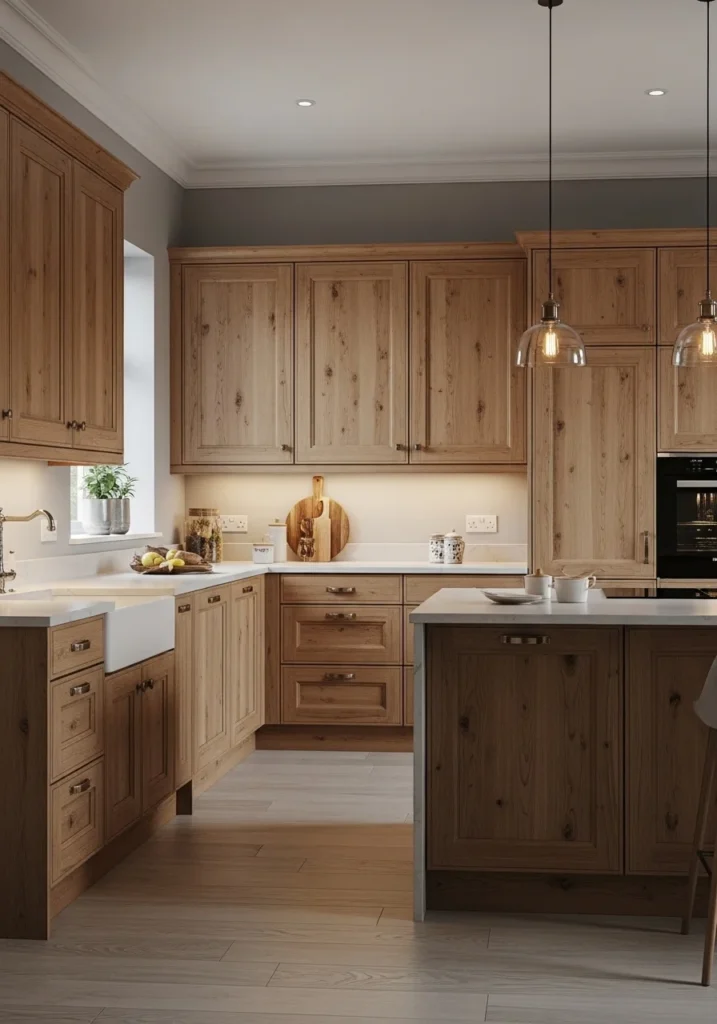 Hickory cabinets with gray accents for a modern and balanced kitchen look