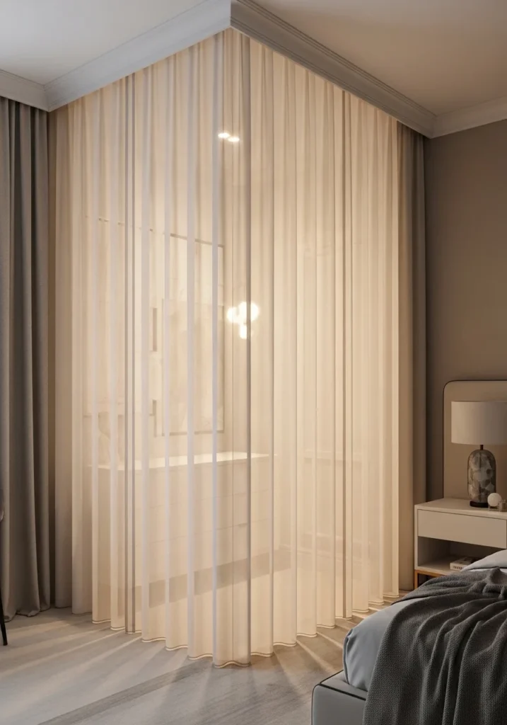 Bedroom corner with sheer curtain divider creating soft and cozy hidden space.