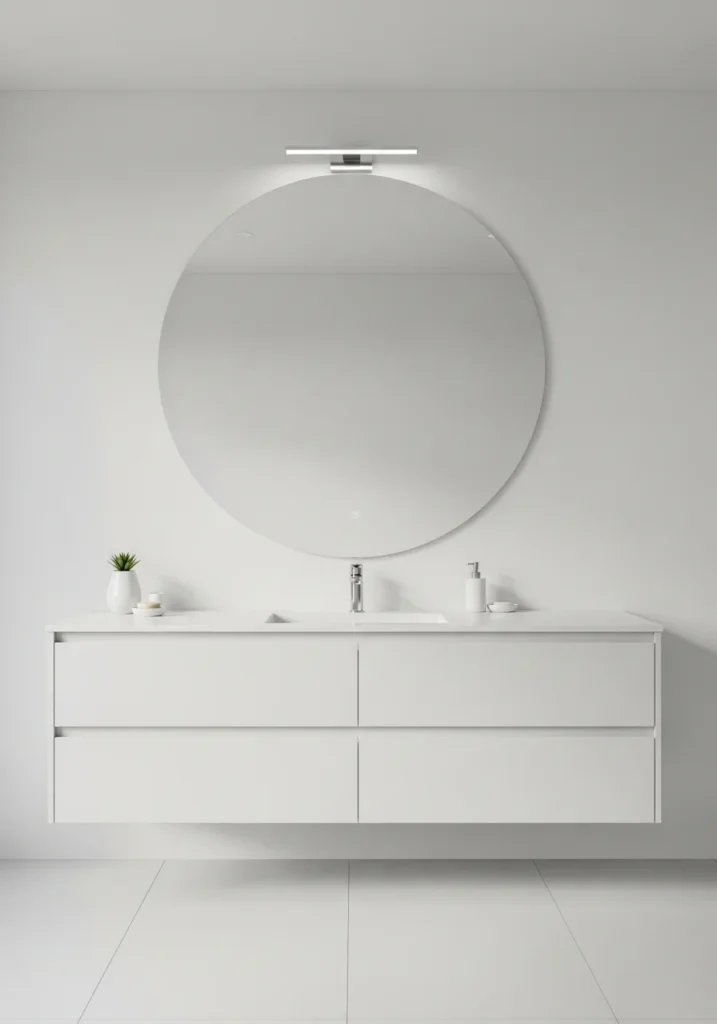 white bathroom vanity with statement mirror creating a stylish focal point