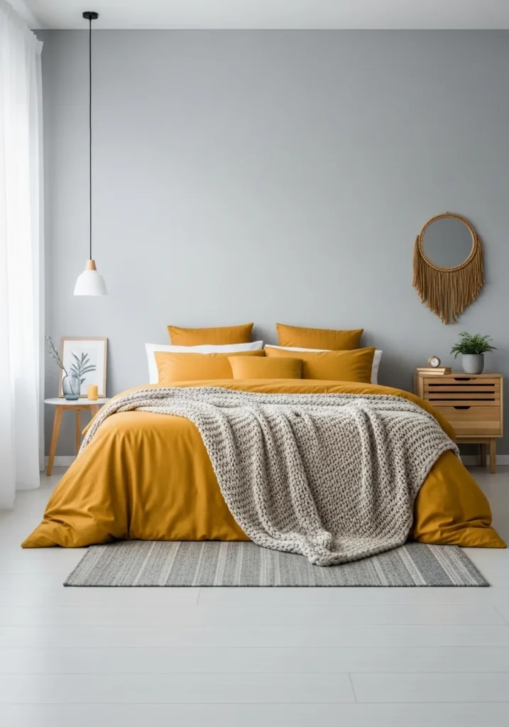 Mustard yellow bedding creating a warm and stylish focal point in a modern bedroom.