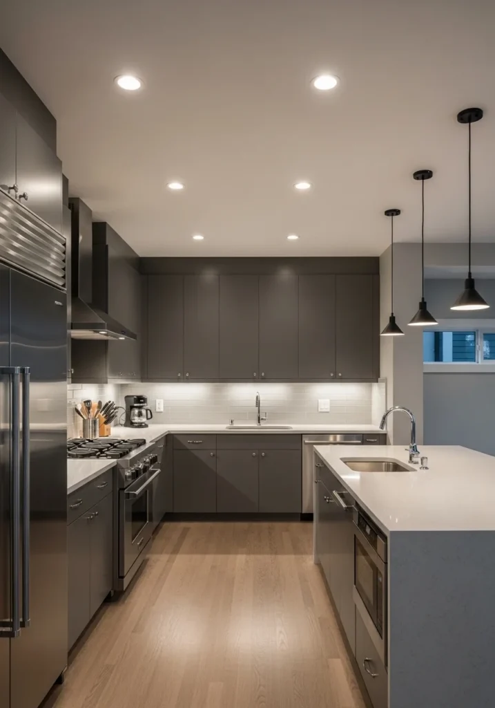 Layered lighting in a galley kitchen including pendant lights, recessed lighting, and under-cabinet LEDs